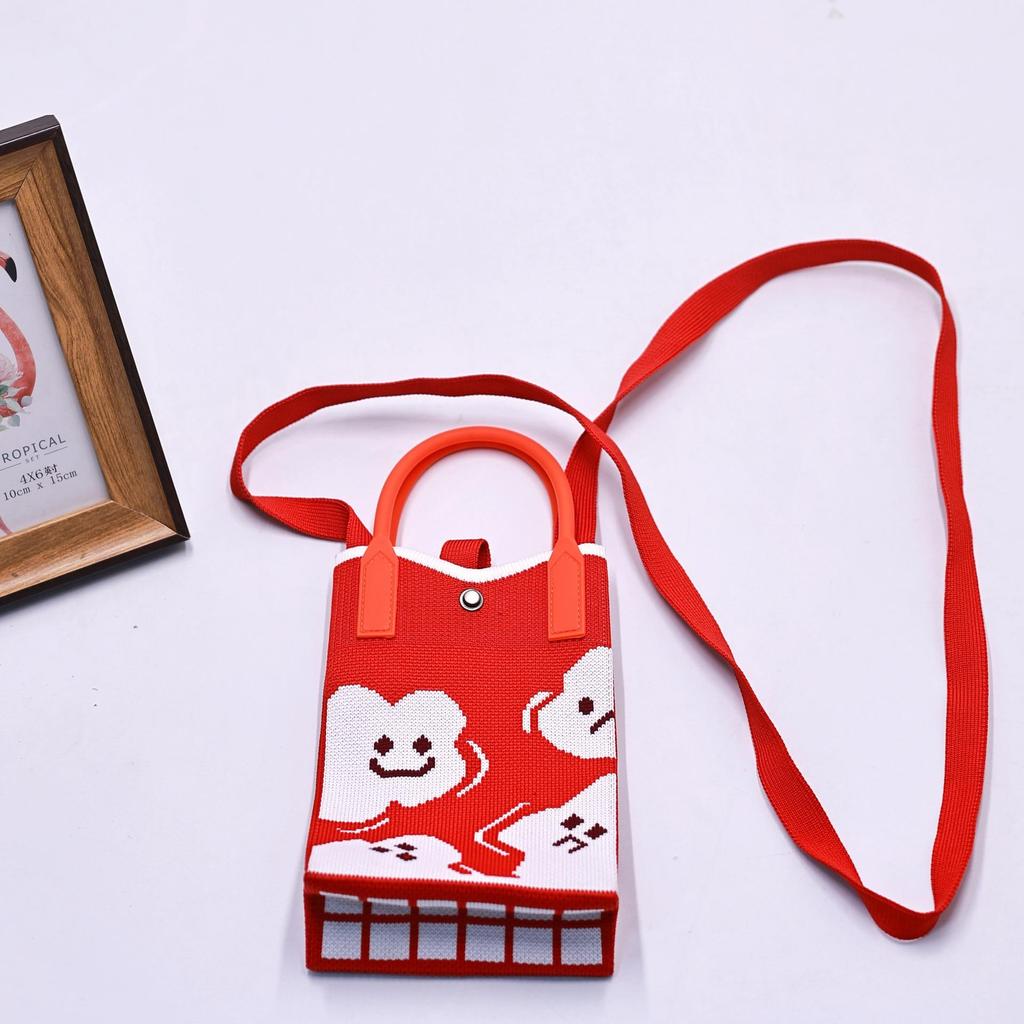 Women Cartoon Knitted Handheld Outdoor Crossbody Bag Leisure Cute Inclined Shoulder Bags Snap Button Mobile Phone Bags