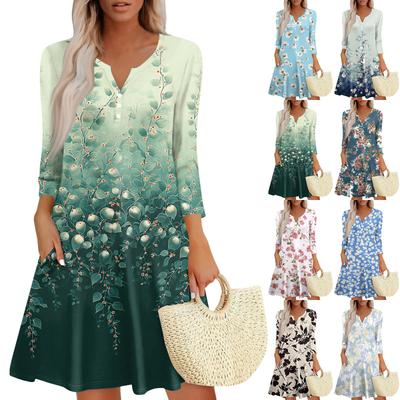 Женское модное платье с V-образным вырезом, пуговицами, рукавами длиной семь восьмых, карманом и цветочным принтом