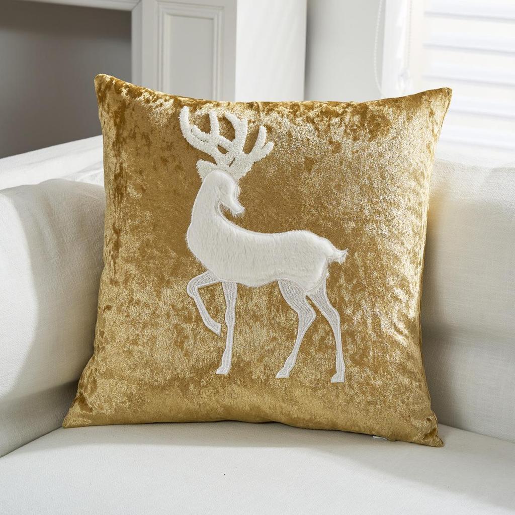 Gold Pillowcase with Reindeer and Snowflake Embroidery - Christmas Cushion Cover