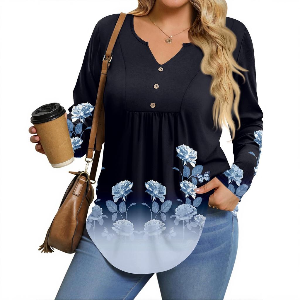 Womens Plus Size Long Sleeve Shirts V Neck Tunic Tops Basic Loose Fit Tee Tops