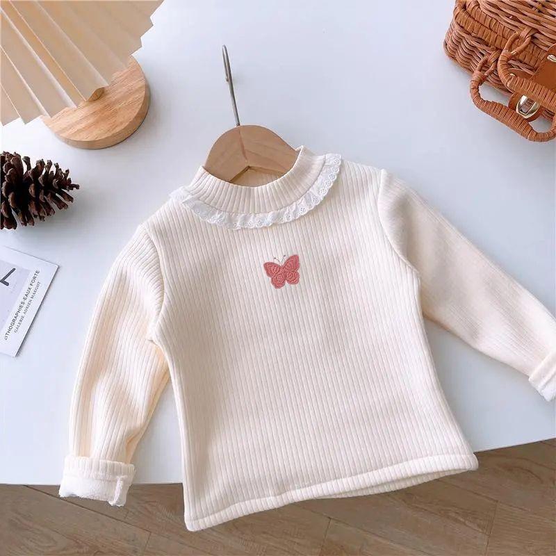 Детская утепленная футболка с длинным рукавом, круглым вырезом и бантом, универсальный стильный топ для осени и зимы, подходит для девочек-малышек