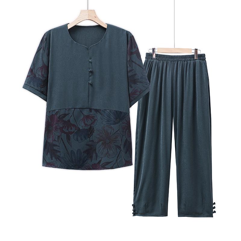 Летний комплект больших размеров с коротким рукавом для женщин среднего и пожилого возраста - Свободный облегающий костюм-двойка