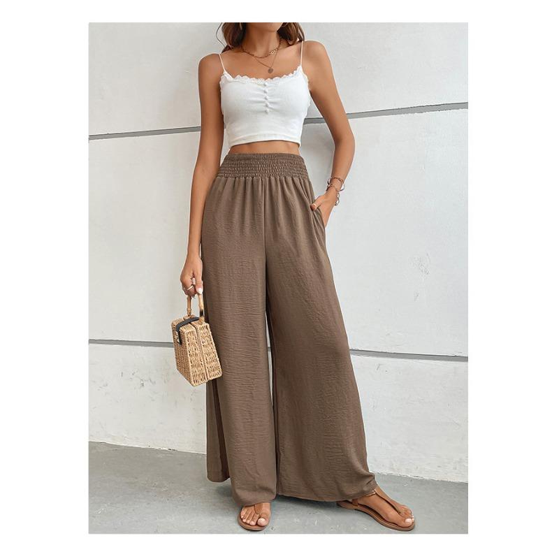 High-waist Casual Simple Solid Color Elastic Waist Loose Wide-leg Pants