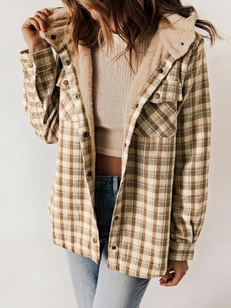 Autumn and Winter Women's Plaid Jacket Long Sleeved Hairy Hooded Jacket with Pockets
