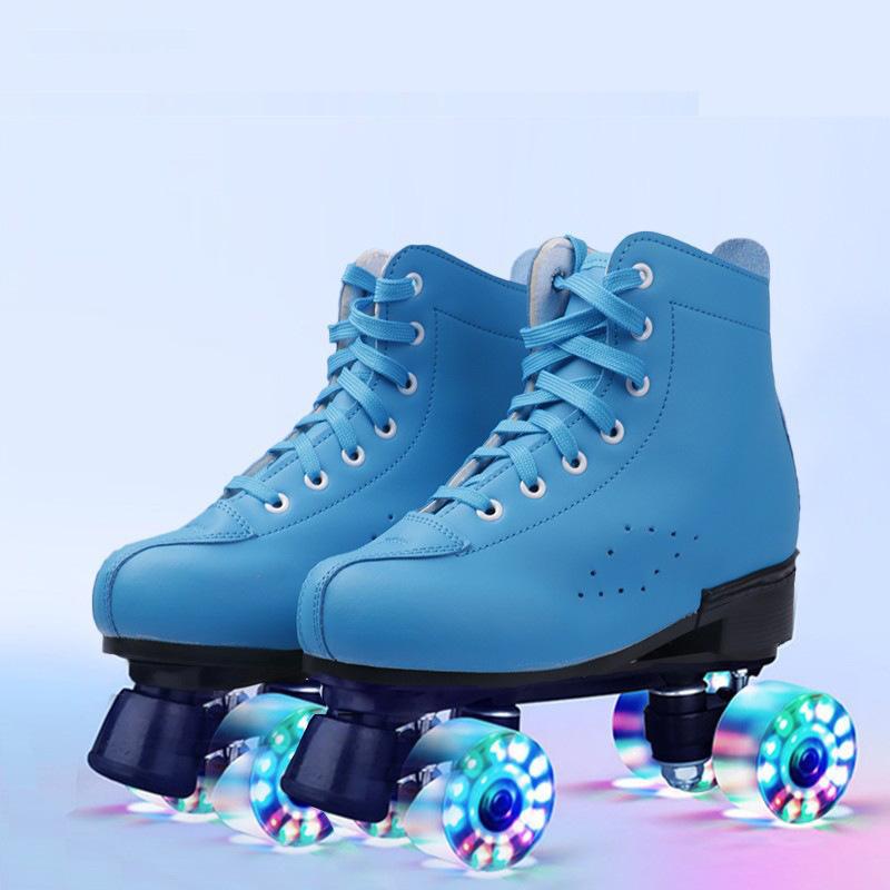 Adult Men's and Women's Double Rows of Leather Models Green Skates Four Roller Skates Pink Purple Flash Wheel Double Rows of Roller Skates