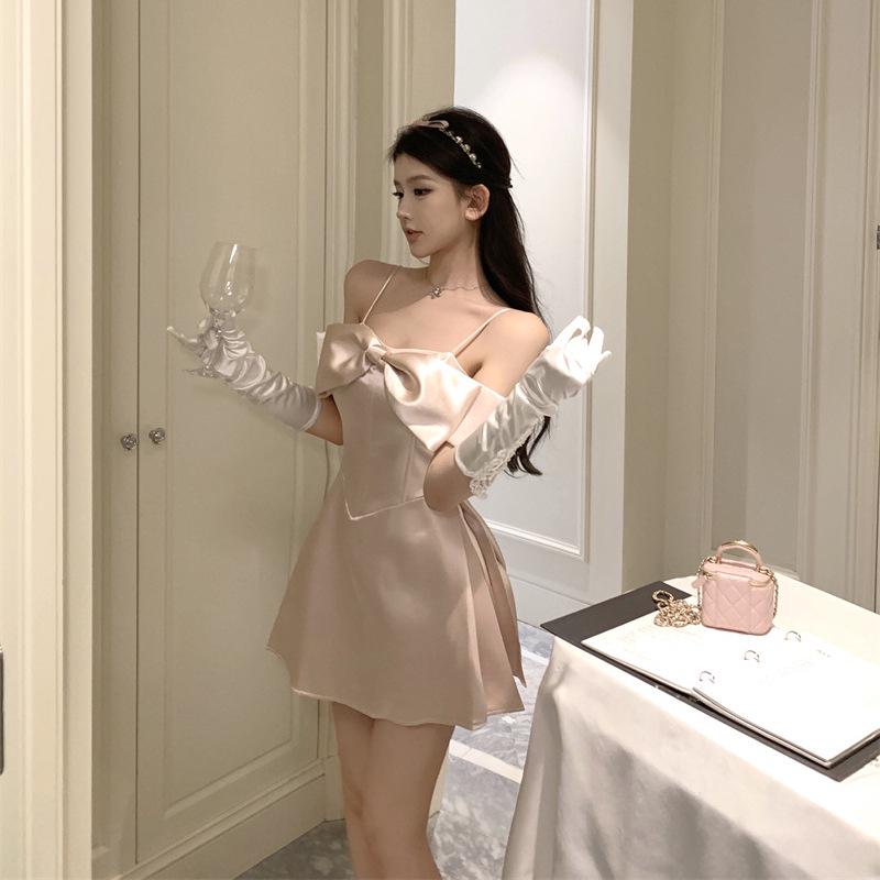 Женское высококлассное платье-комбинация на одно плечо с бантом в французском стиле - Летняя принцесса пышная юбка