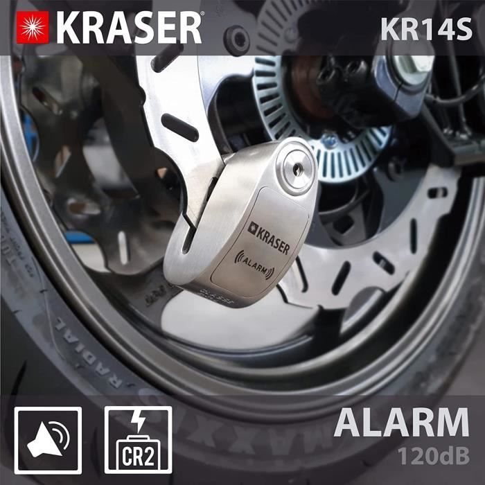 KRASER KR14S Bloque Disque Antivol De Moto Alarme ON / OFF Homologué SRA Haute Sécurité Protection Serrure À Disques, Bloque Disque