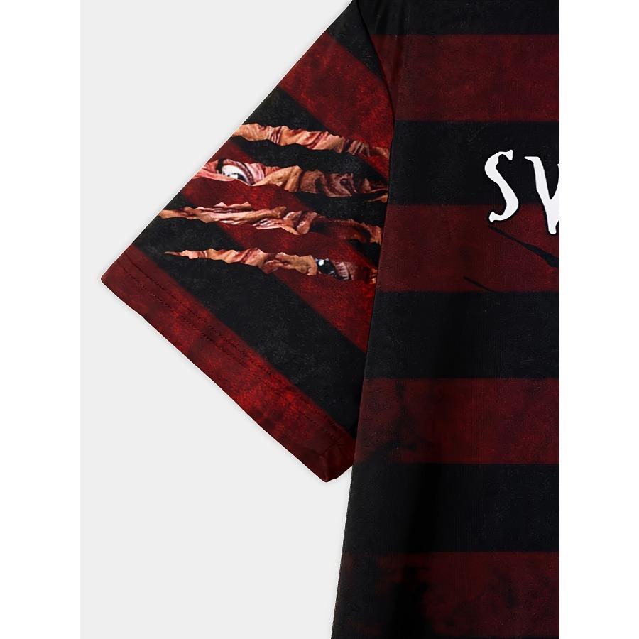 Vintage-Inspired Polyester Men's T-Shirt with Krueger Stripes and Slogan Print, Crew Neck, Short Sleeve Casual Streetwear for Summer - 3D Printed