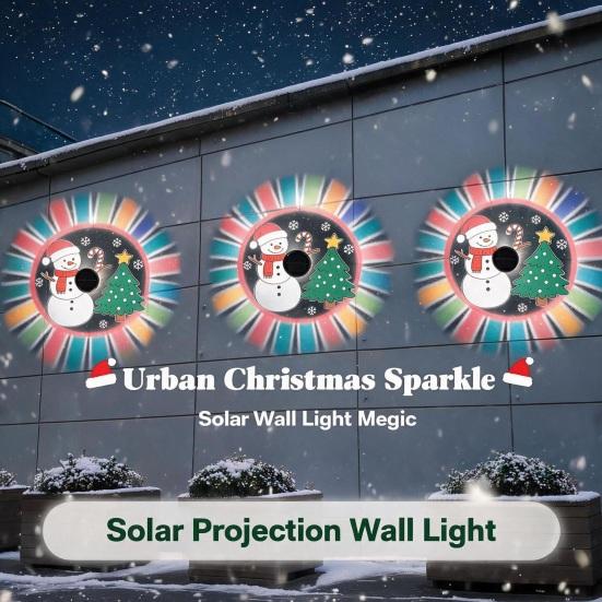Outdoor Wall Mounted Fixtures Solar Fence Light, Waterproof Projection Cute Snowman Xmas Christmas Tree Lights Decorative Metal Projector Light