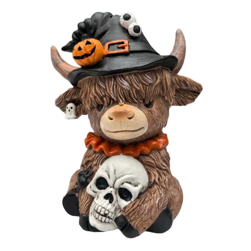 High Land Cow Holding Skull Pumpkin Statue Unique Holiday Gift Handcrafted Resins Figurine Halloween Tabletop Display