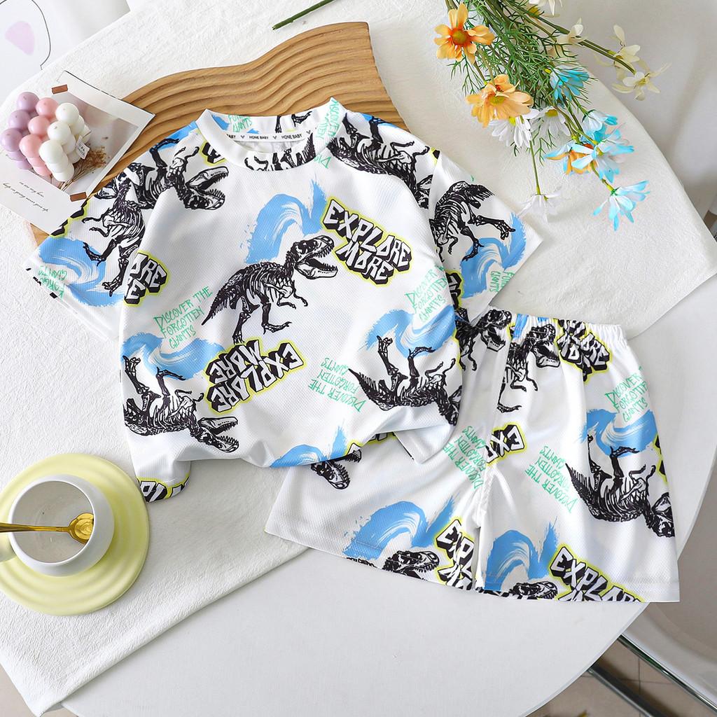 Cartoon Dinosaur Summer Boys Toddler Twopiece Set With Short Sleeve Top And Shorts
