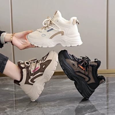 Мода Мода Массивные кроссовки для женщин Средний верх Зима Папа Платформа Меховая подкладка Теплые Повседневные Для ходьбы Клиновидные Спортивные Теннисные