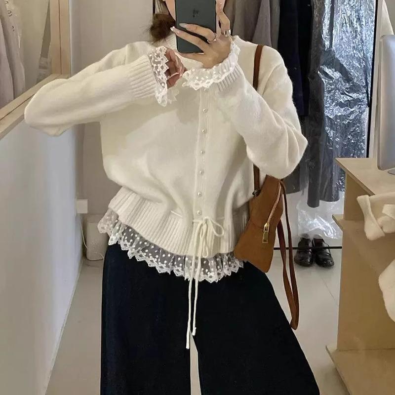 Весенне-осенний новый кружевной кардиган, сладкий вязаный топ, женский приталенный кружевной свитер-жакет для женщин