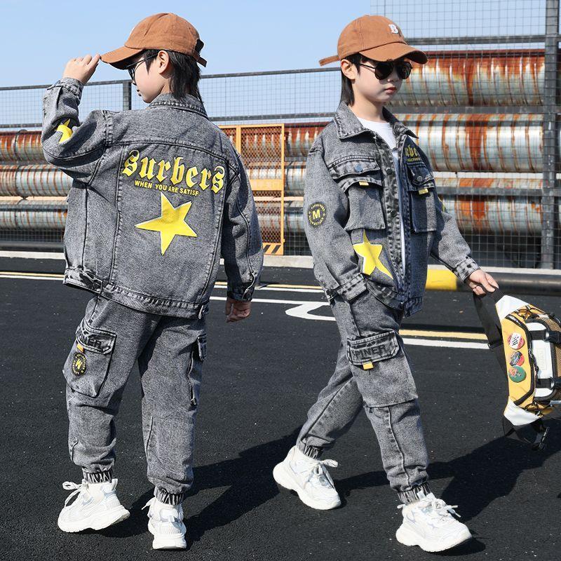 Весенне-осенний джинсовый костюм для мальчиков, джинсовая куртка с капюшоном и джинсы для мальчиков и детей, модный костюм-двойка
