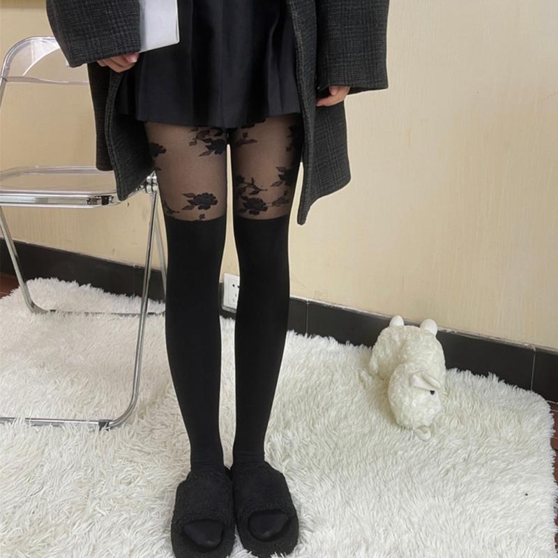 Women Jacquard Pattern Patchwork Mock Suspender Tights Sexy Faux Thigh High Socks JK Girls Black Pantyhose Stockings