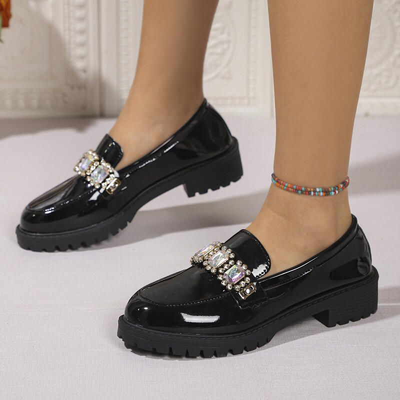 Fashion Luxury Crystal Patent Leather Loafers Women 2025 Autumn Sexy Thick Bottom Medium Heel Office Pumps Solid Black Dress Shoes Lady