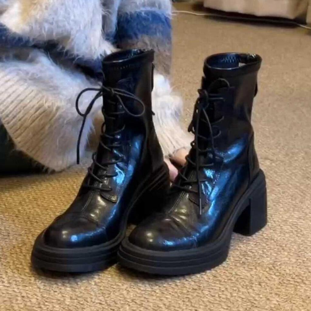 Cowhide Version~ Thick-soled High-heeled Martin Boots Femininity Versatile Leather Thin Boots Retro Rear Zipper Heightening Short Boots