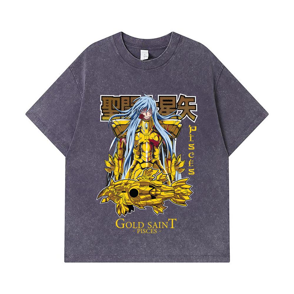 275 GSM Washed T-shirts 100% Cotton Saint Seiya V25 Pisces Print Unisex Heavy Cotton T Shirt