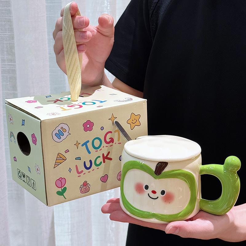 Cute Apple Ceramic Mug with Lid Spoon Men and Women High Looking Couples Office and Household Drinking Water Birthday Gift