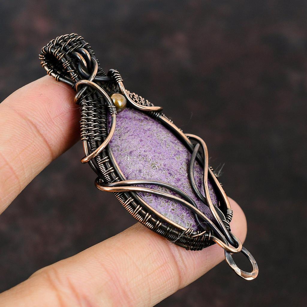 Подвеска из пурпурита, драгоценный камень, медная проволока, кулон ручной работы, кулон из проволочной обмотки, ювелирный подарок для нее, изысканное ювелирное изделие из пурпурита, подарок для мамы