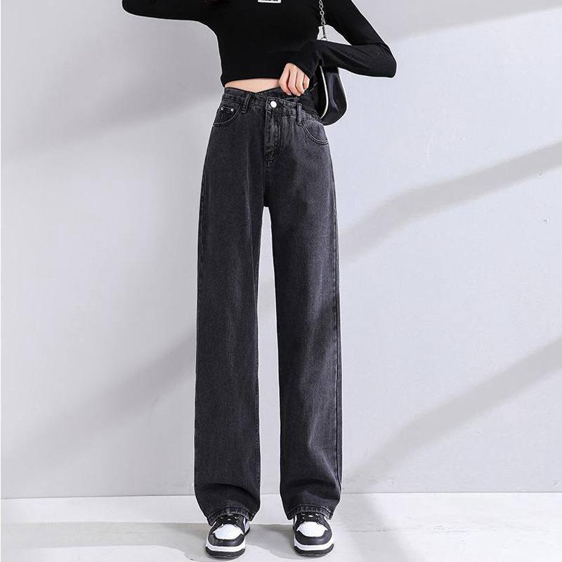 Женские джинсы широкого кроя сине-серого цвета с высокой талией, маленького размера, длиной до пола, с нестандартной косой пряжкой, идеально подходят для весны и осени.