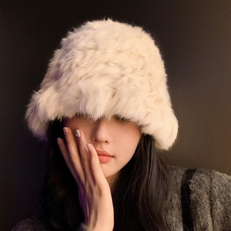 Rabbit fur hat female autumn and winter face small fluffy plush hat tide warm ear protection fur bucket hat big head circumference