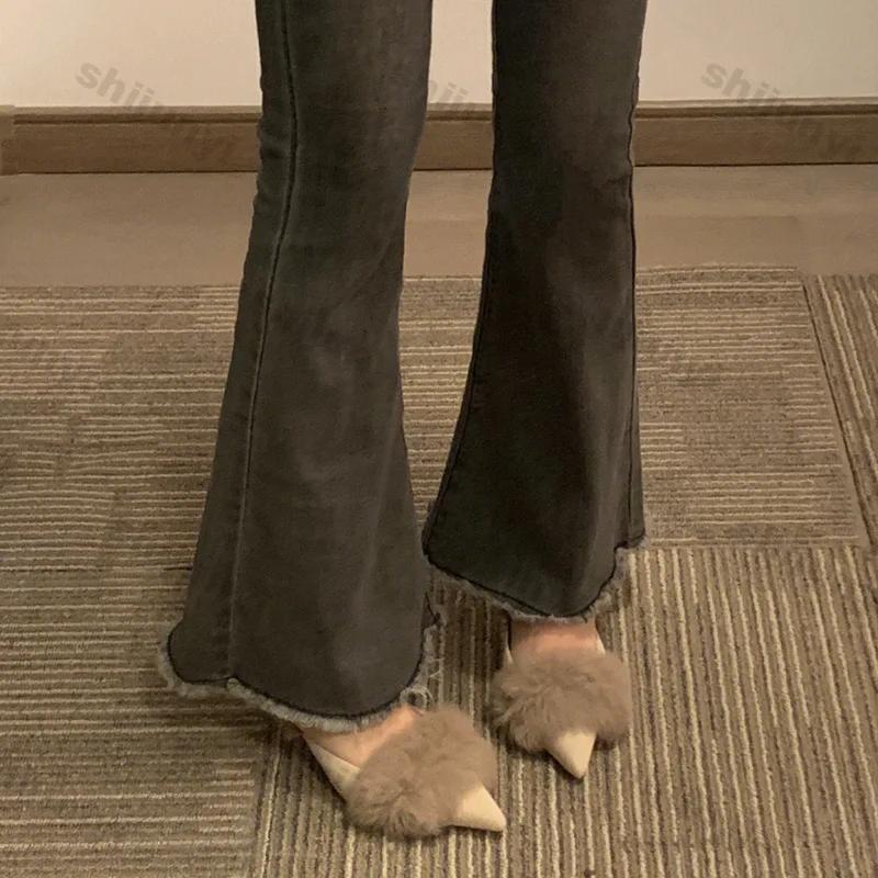 Мода Женщины Острый Каблук Полушлепанцы Квадратный Носок Повседневная Женская Мода 2025 Весенний Тренд Новые Роскошные Плюшевые Слайды Платье Мех Шлепанцы