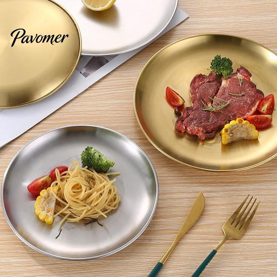 Minimalist Metal Trays for Home 304 Stainless Steel Dinner Plate with Wide Rim Korean BBQ Buffet, Multipurpose Decorative Display Round Serving