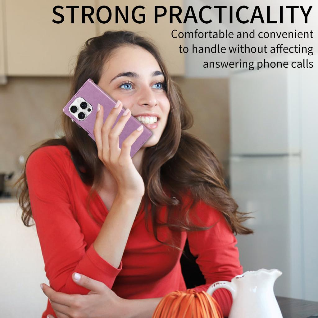 Многофункциональный чехол из искусственной кожи с тиснением и застежкой-молнией для iPhone 16e 16 15 14 13 12 11 с функциями флип, слот для карт, кошелек, держатель