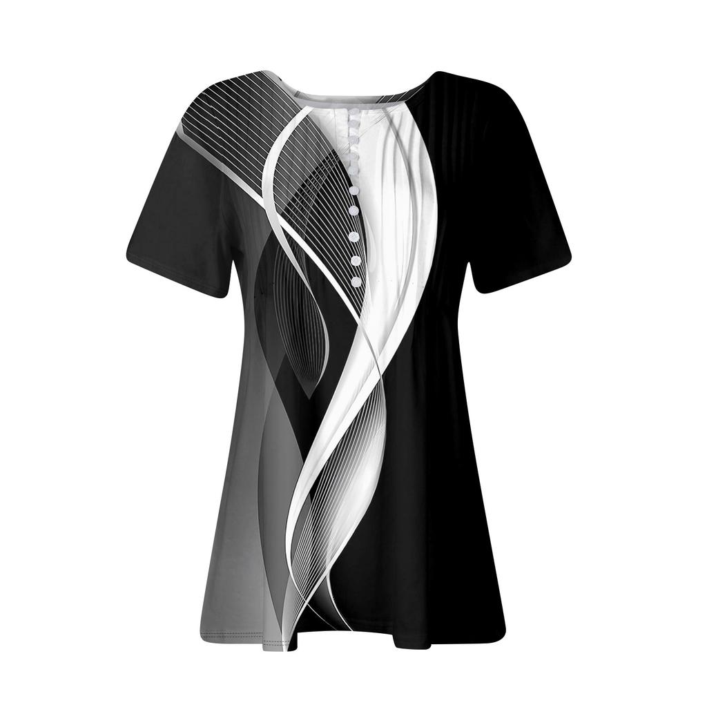 Летние топы для женщин, модные рубашки-туники с принтом в стиле бохо, футболка с короткими рукавами и пуговицами, V-образный вырез, повседневная свободная блузка