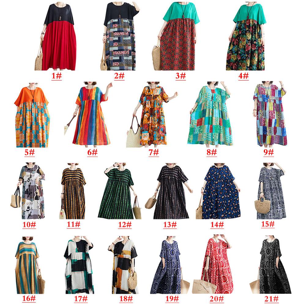 Vintage Women Cotton Linen Dress Print Spliced Striped O Neck Short Sleeve Pocket Loose Dress
