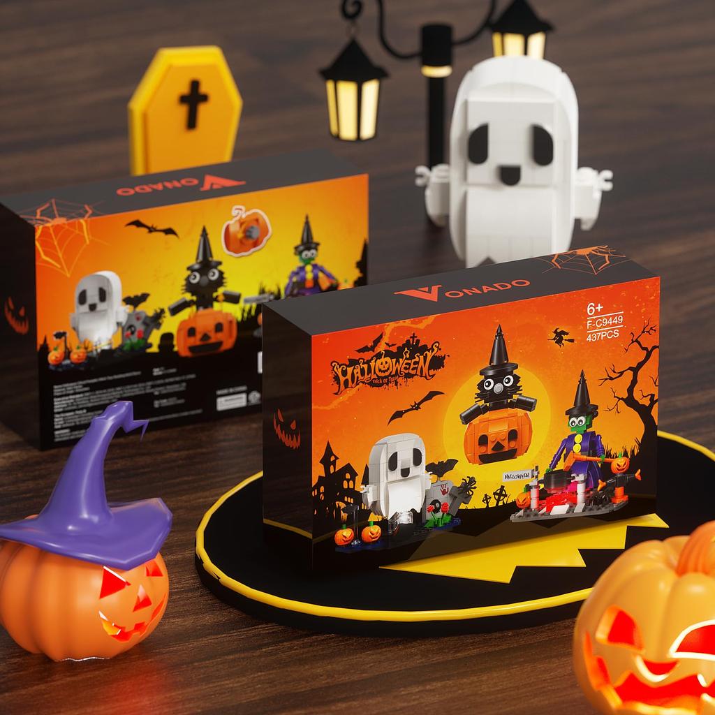 Halloween Building Set Blocks Toys Cat Pumpkin Ghost Witch Building Blocks Halloween Gifts for Girls Boys Children Kids Adults Interesting Educational