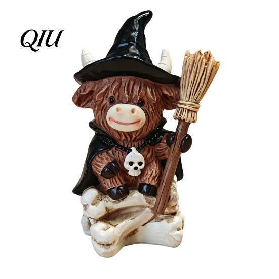 Durable Resin Statue Highland Cow Figurine, Halloween Witch Pumpkin Skull Statue, Scottish Decor Ornament for Calf Lovers, Shelf, Tiered Tray, Mantel,