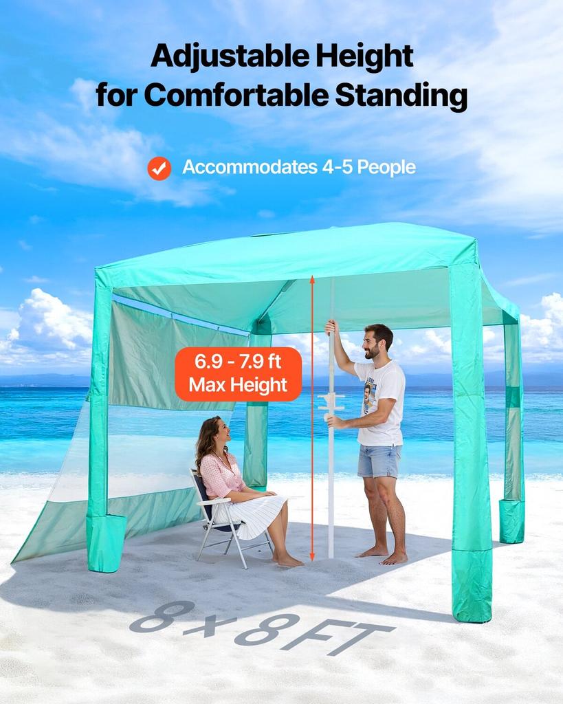 Beach Cabana, 2.4 x 2.4 m Beach Canopy with Side Wall, UPF 50+ Protection Easy Setup Cabana Tent with Sand Pockets, Adjustable Height Portable Shade