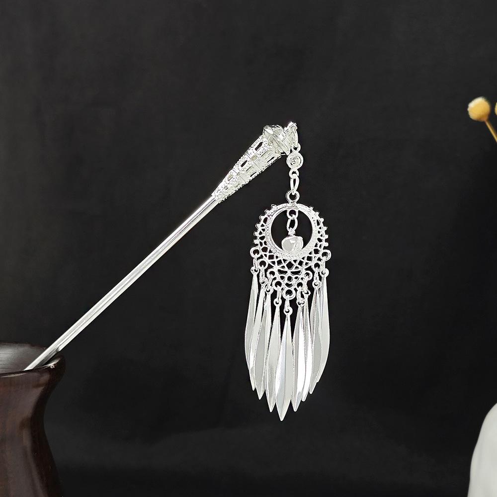 Miao Geometric Hollowed Out Step Shaking Tassel Hairpin Vintage Peacock Tassel Ancient Wind Cheongsam Cheongsam Hanbok Hair Ornaments