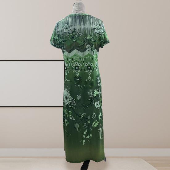 Women Summer Dress V Neck Colorful Print Side Split Loose A-line Short Sleeves Ankle Length Retro Ethnic Style Soft Beach Vacation Maxi Dress