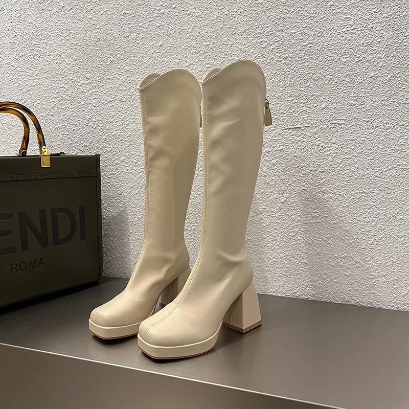 Fashion Platform Long Boots For Women Fashion Back Zippers High Heel Knee High Boots Autumn Winter Ladies Elegant Mordern Booties