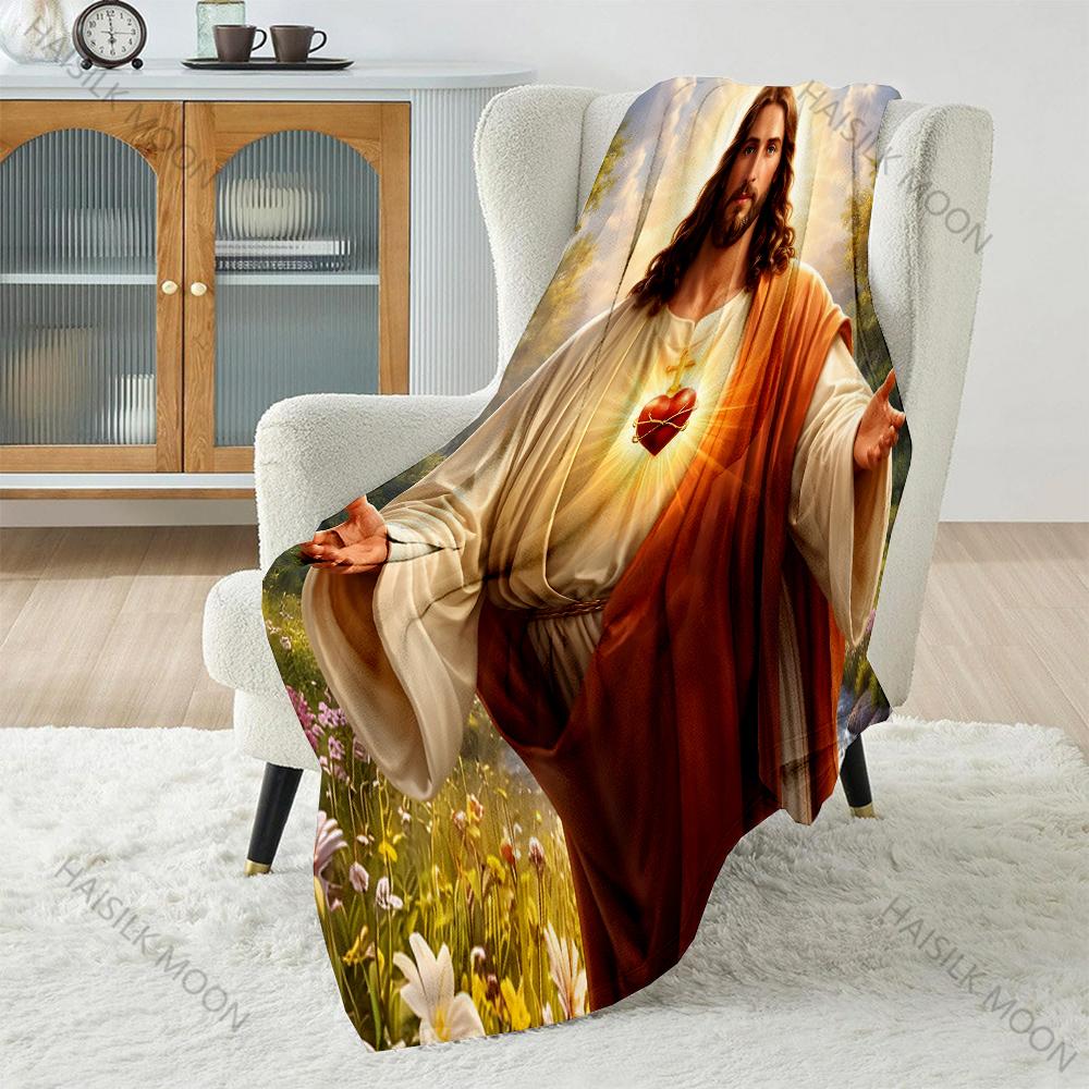 1PC Sacred heart with radiant background Print Believer Pray blanket Warm soft flannel material suitable for all seasons gift