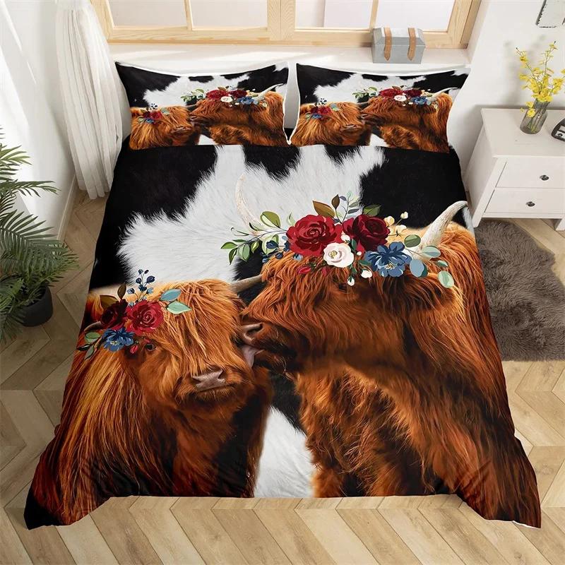 Пододеяльник из коровьей шкуры Highland, комплект постельного белья из микрофибры в стиле вестерн-фермерства с животными, леопардовый мех коровьей шкуры, цветочный принт, покрывало