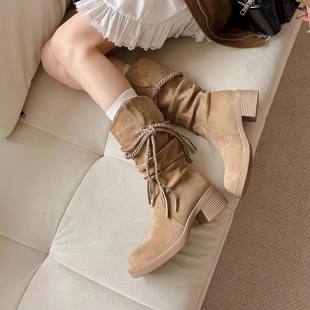 Fashion Knight Boots Fall Winter 2025 Women's Brown Tassel Mid-Leg Boots