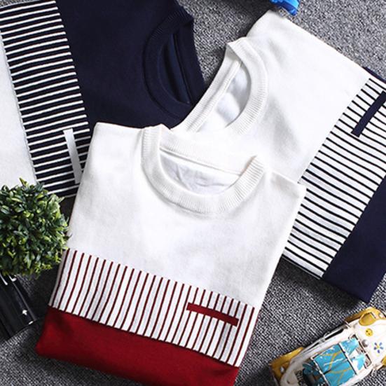 Мужской вязаный пуловер-свитер с круглым вырезом, длинным рукавом, узкого кроя, с цветными полосками