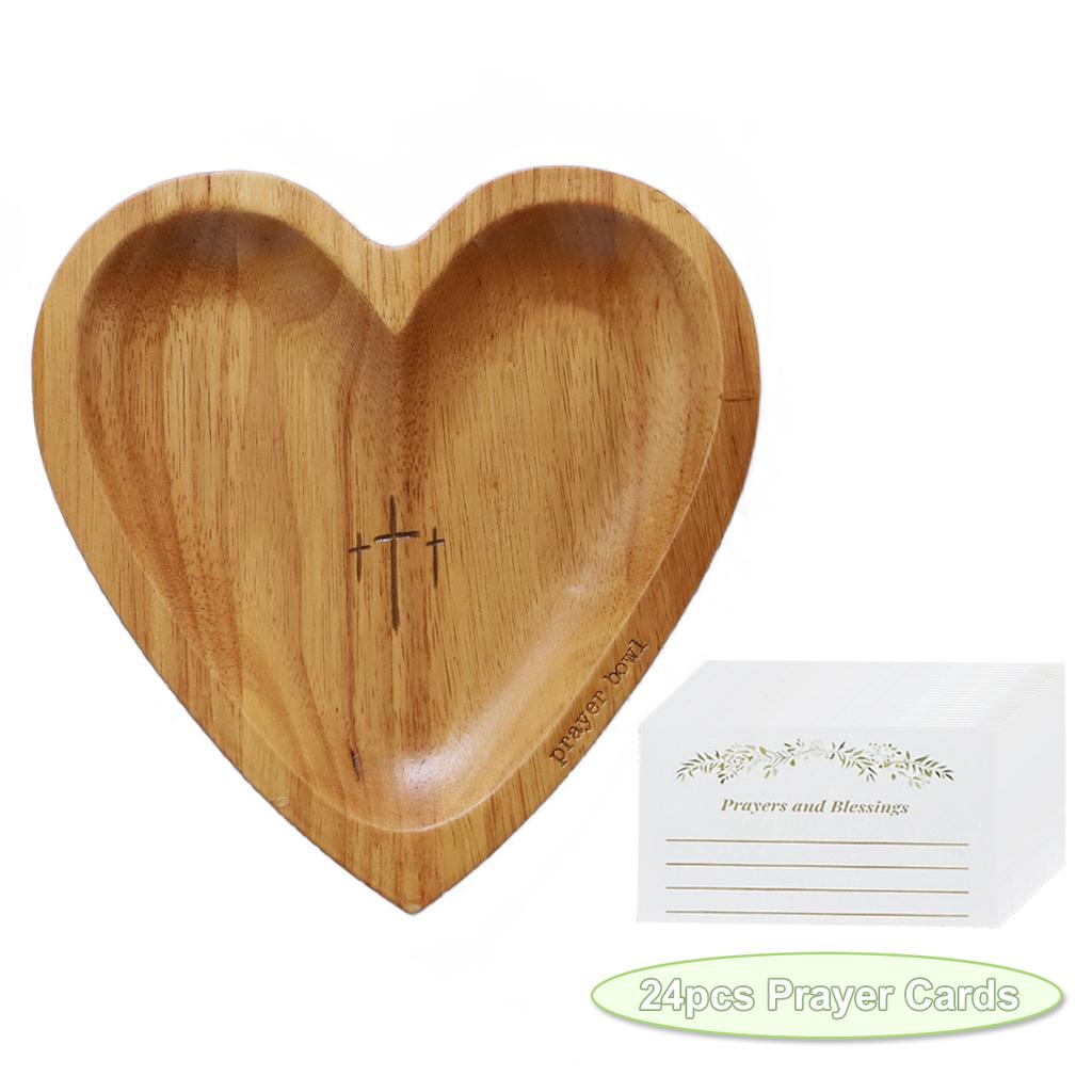 Leeseph Heart Prayer Bowl, Wooden Heart Shaped Prayer Bowl with 24 Cards, Heart Shaped Decor Prayer Dough Bowl for Thanksgiving