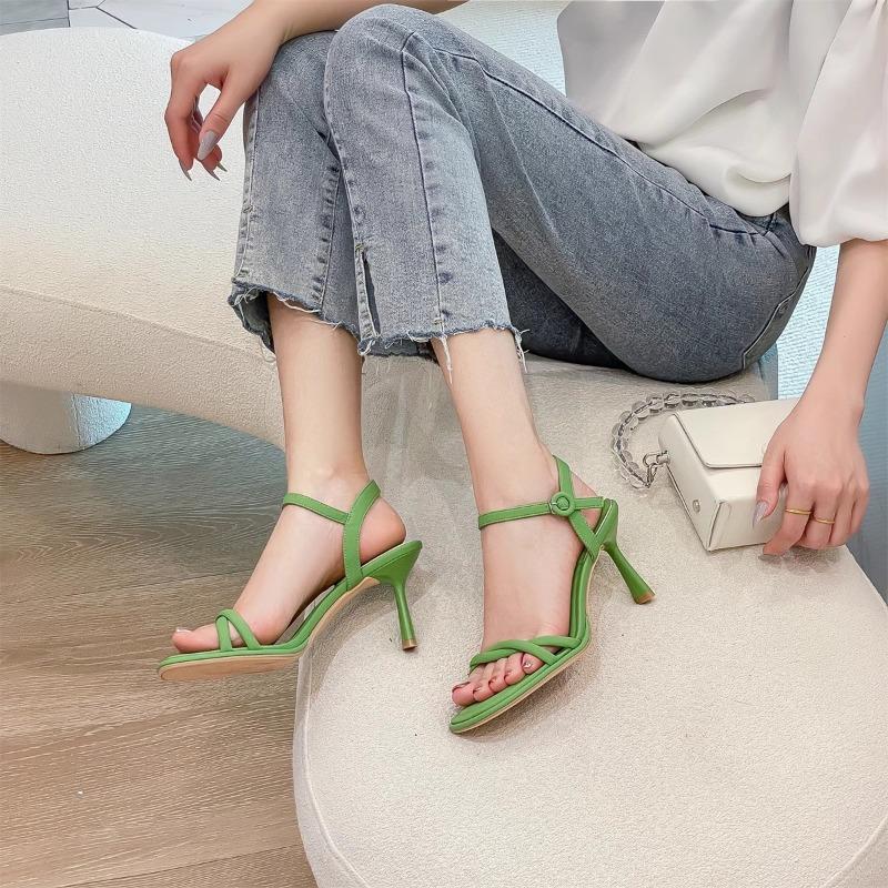 Summer New Simple Sandals Women Cross Thin Open Toe High Heels with A Line with Women's Shoes
