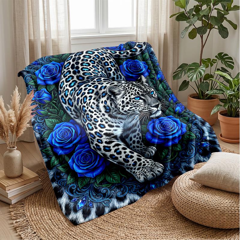 Blue Leopard and Roses blanket Personalized Name Flannel Blanket Soft Cozy Plush Throw for Sofa Bed Lightweight Home Decor