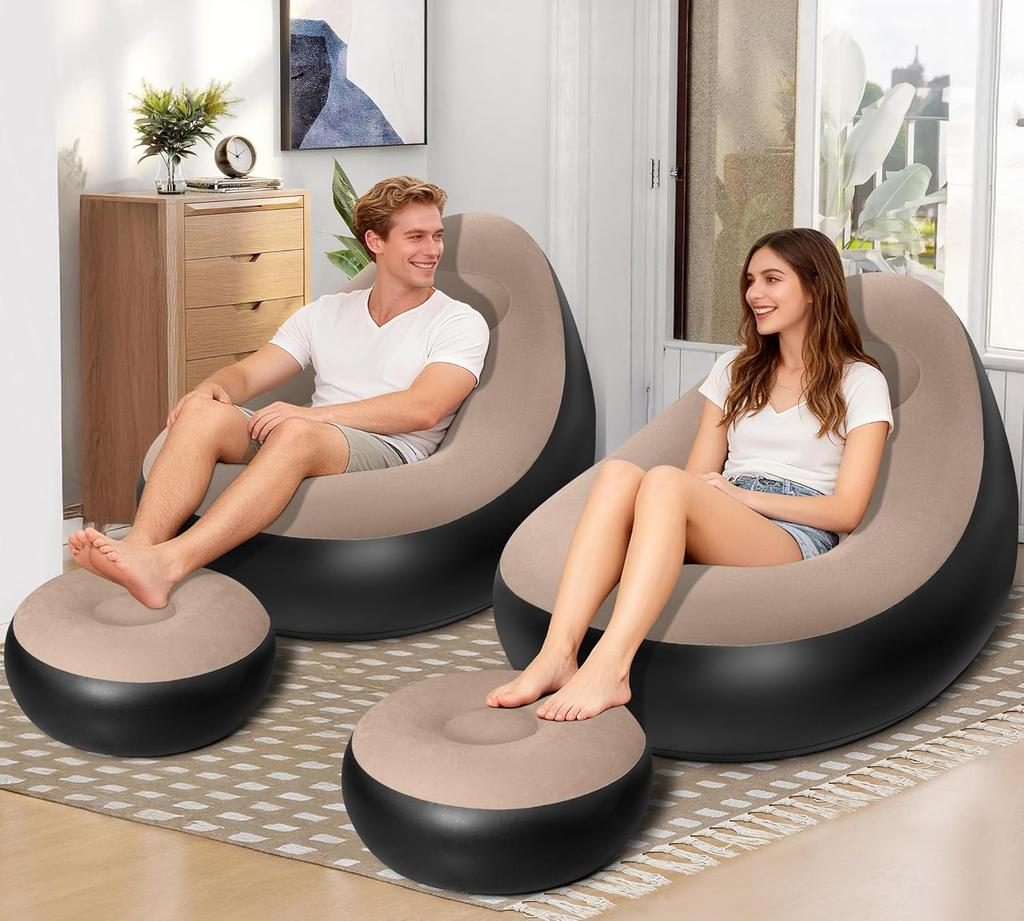 Надувное кресло для взрослых, портативное, с пуфиком, с бархатистой поверхностью, водонепроницаемое, удобный надувной диван для кемпинга и игр. (