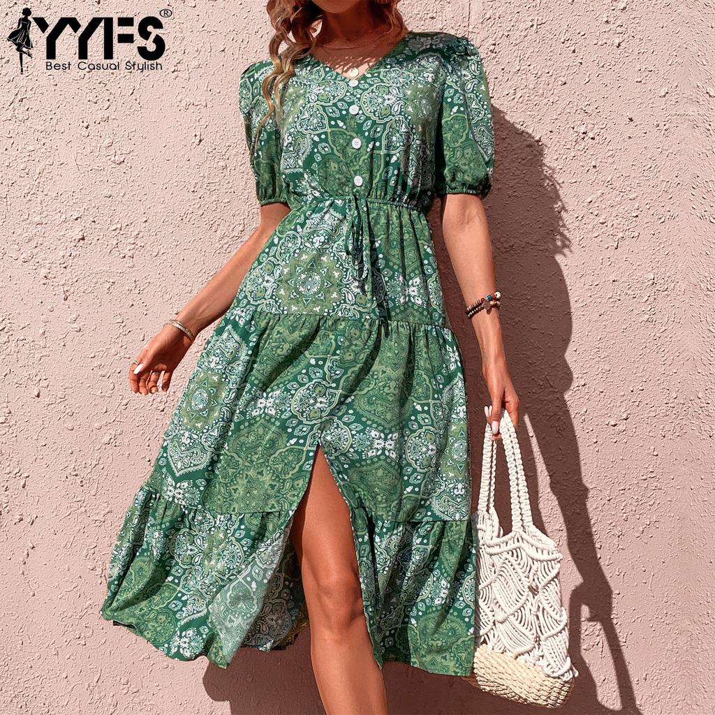 YYFS Женская мода лето весна повседневные платья с коротким рукавом и v-образным вырезом