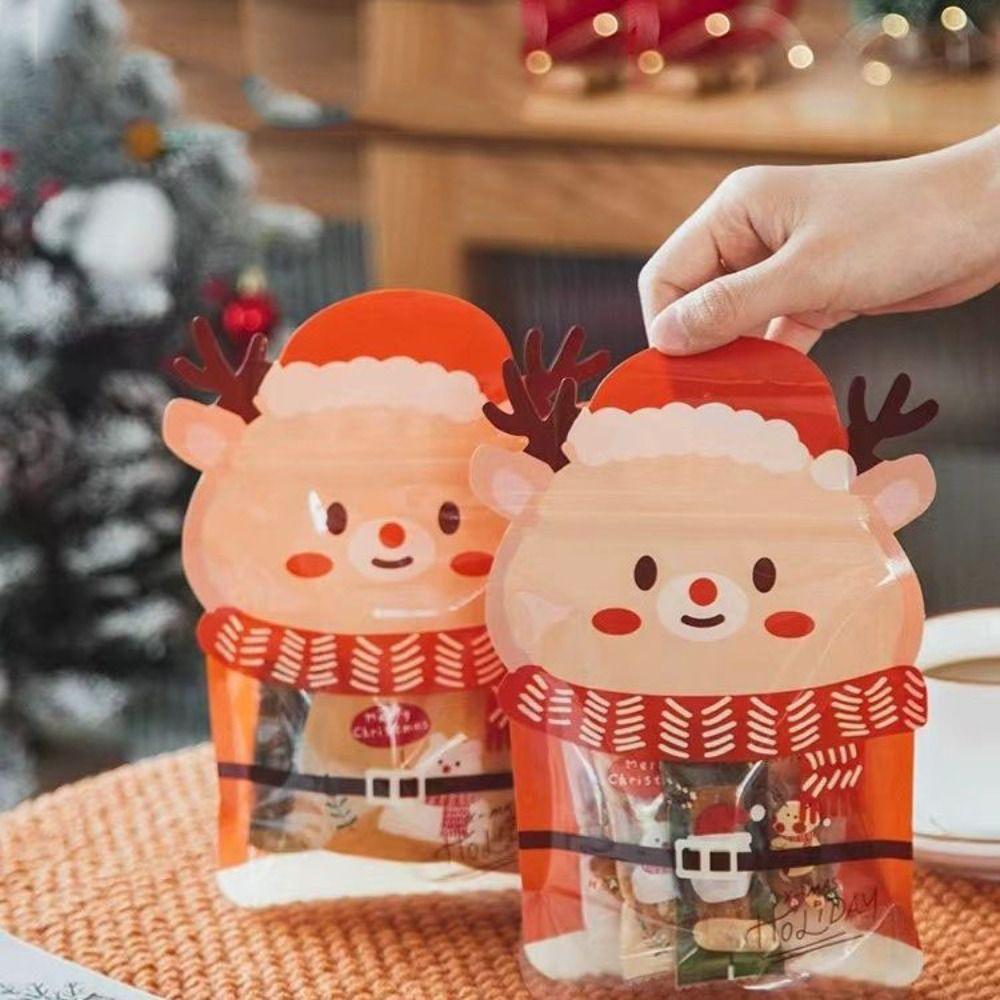 10pcs Elk Christmas Tree Shaped Christmas Gift Bags Plastic Candy Pouches  Weddding Gifts