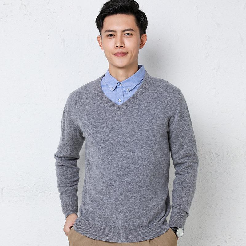 Men's Autumn Winter Knit Sweater V Neck Pullover Undershirt Casual Business Loose Fashion Solid Long Sleeve