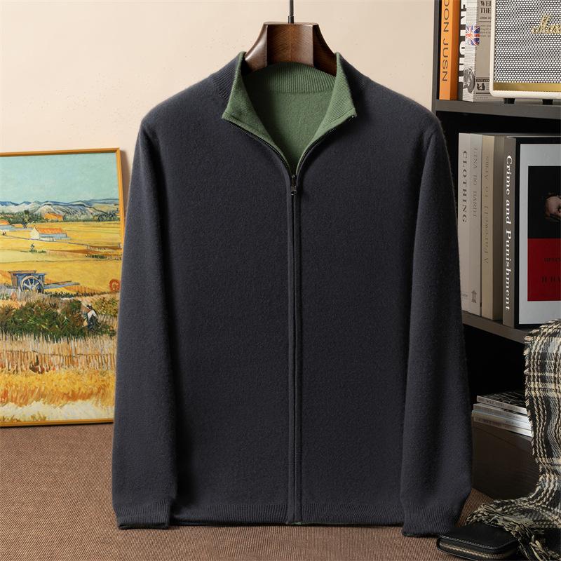 Двенадцатипуговичный усиленный двусторонний двусторонний кашемировый кардиган мужской с воротником-стойкой свитерок-куртка