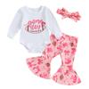 Baby Girls Fall Outfit, Long Sleeve Letters Print Romper with Bow Rugby Flare Pants and Headband Clothing Set